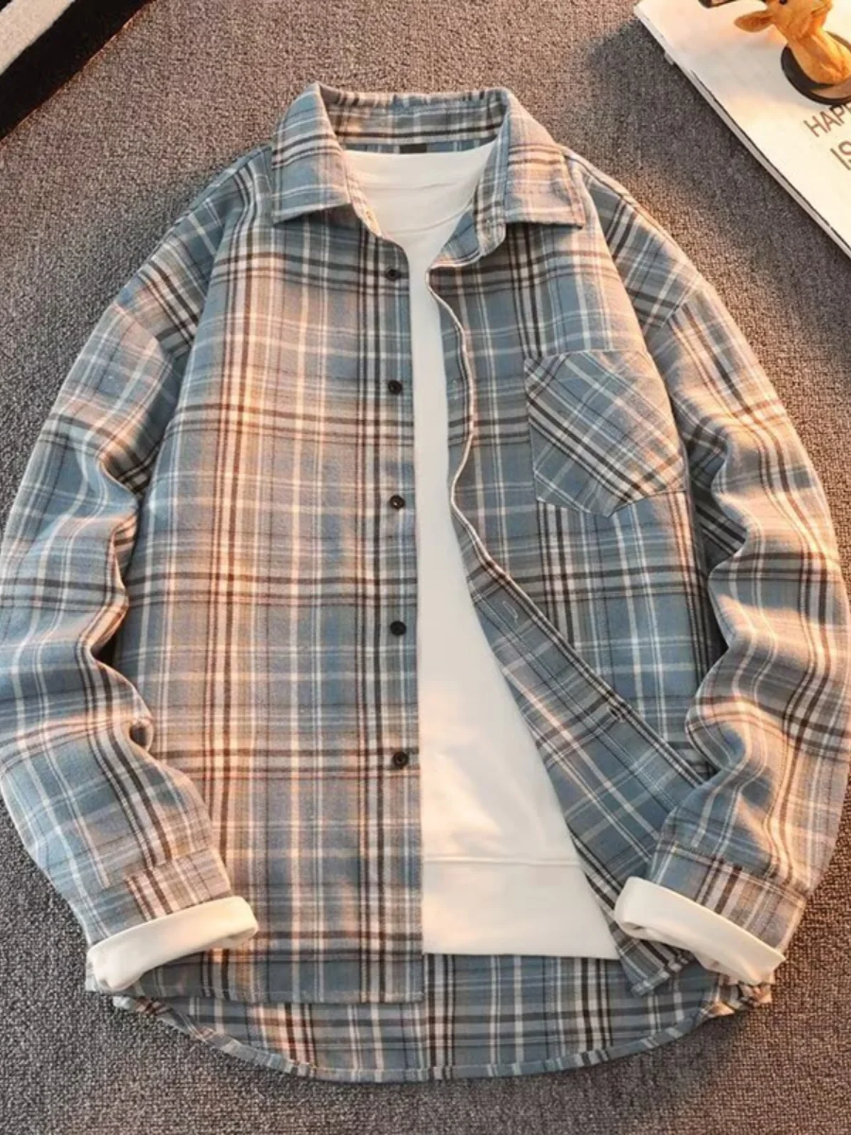 

Men's Plaid irt Spring Autumn 2025 New Casual Long Sve Loose Outerwear Vintage Japanese Sle Stand Fit Youth Faion