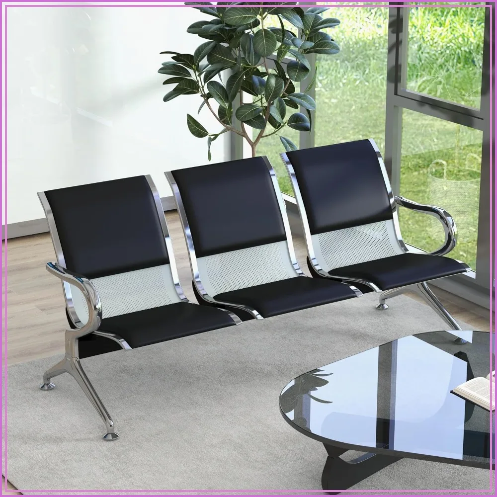3-Seat Waiting Room Bench PU Leather Reception Chair with Arms Black