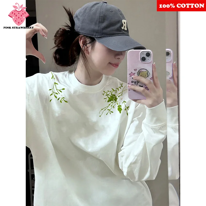 

American Plant Print T-shirt Women Autumn Winter 2025 New 100%Cotton Oversize White Long-sleeved T-shirt Top Y2k Ladies clothing