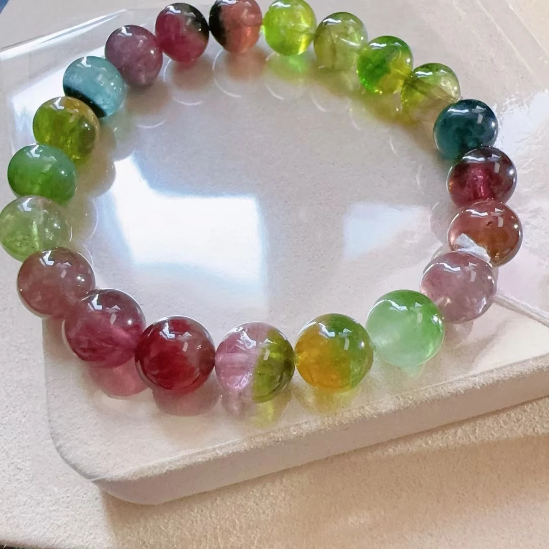 Natural Colorful Tourmaline Clear Round Beads Bracelet 9.3mm Red Green Tourmaline Women Men Jewelry AAAAAAA