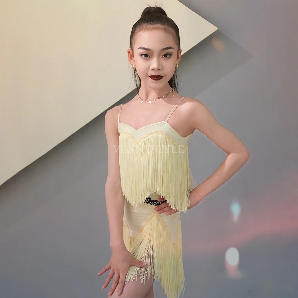 Vennystyle الفتيات اللاتينية ملابس رقص الأصفر هامش الأداء المهني الزي الربيع الصيف تصميم جديد الاطفال ممارسة ارتداء