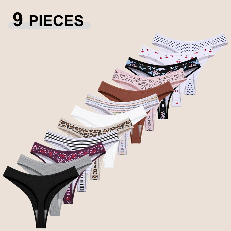 9 Stück Damen Nahtlose Baumwoll-Slips XS-XXL Mehrfarbig Bedruckte T-Back G-Strings Sexy Niedrige Taille Atmungsaktive Tangas Damenunterwäsche