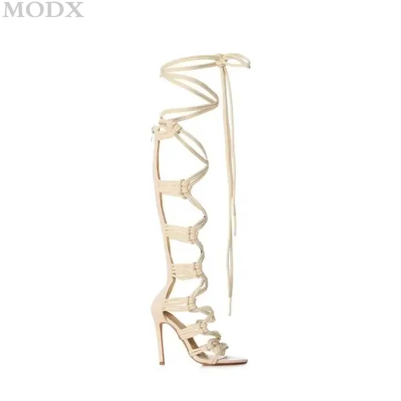 컷 아웃 얇은 하이힐 매듭 로프 디자이너 무릎 높이 샌들 부츠, 섹시한 발목 랩 크로스 스트랩 스틸레토 글래디에이터 샌들