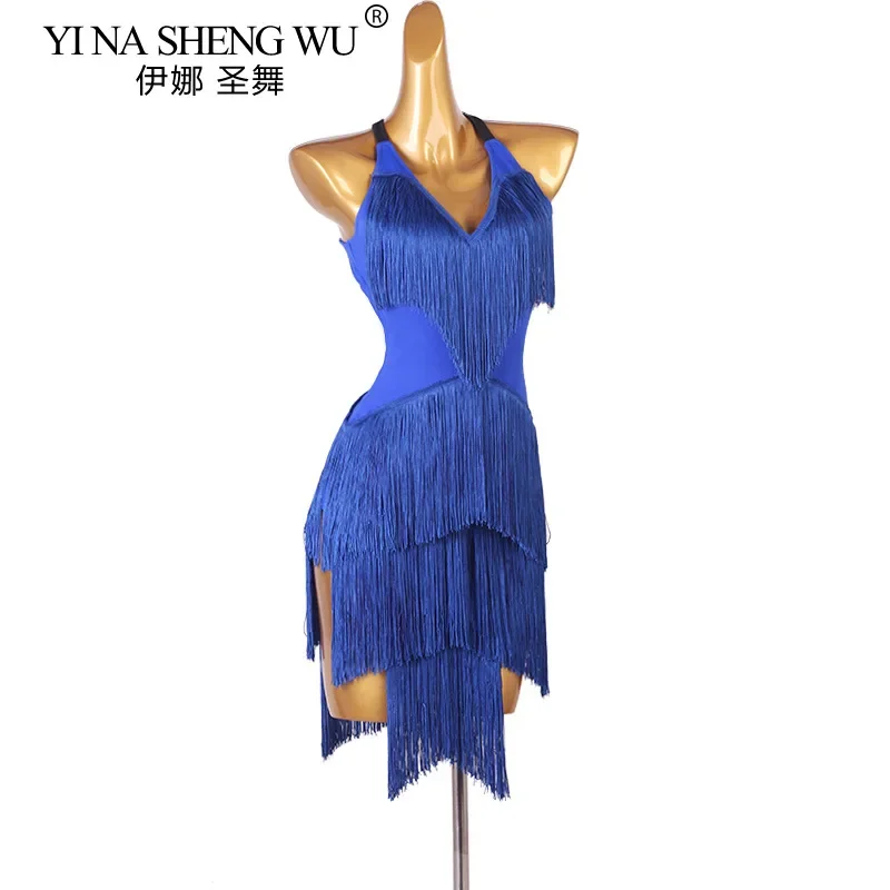 Abito da ballo sexy con frange senza schienale da donna Costume latino Cha Cha Rumba con scollo a V Nappa Abbigliamento da spettacolo Samba Tango Stage Outfit