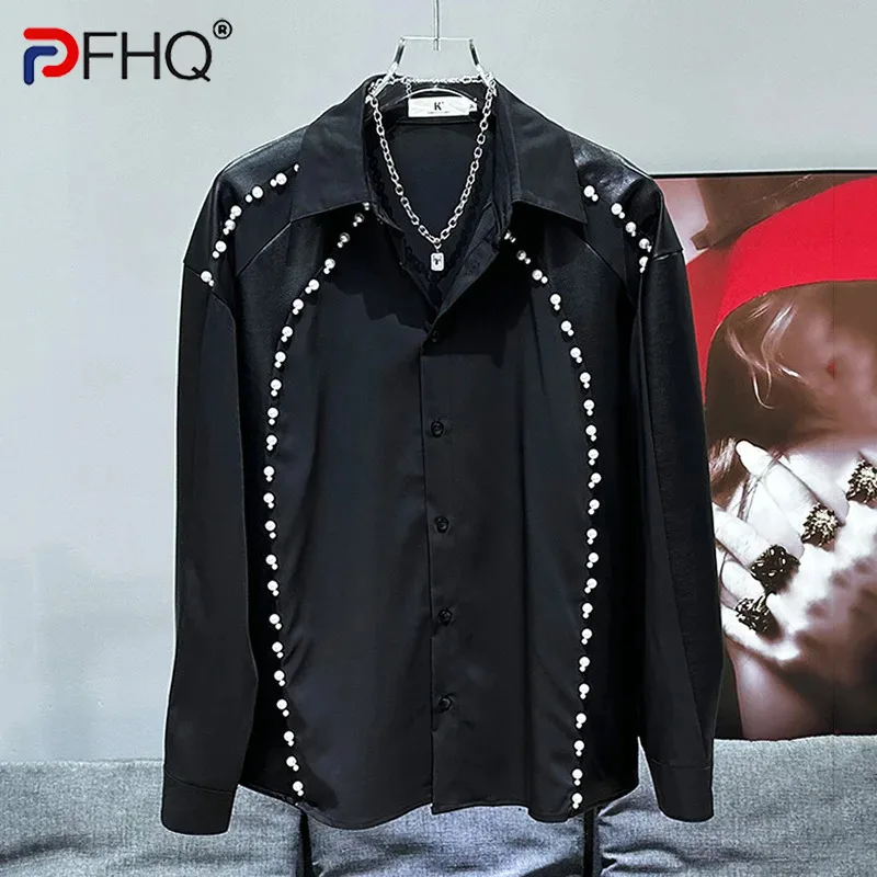 PFHQ Korean Trendy Contrasting PU Leather Patchwork Design New Pearl Decoration Casual Versatile Shirt 2024 Tops 21Z5412