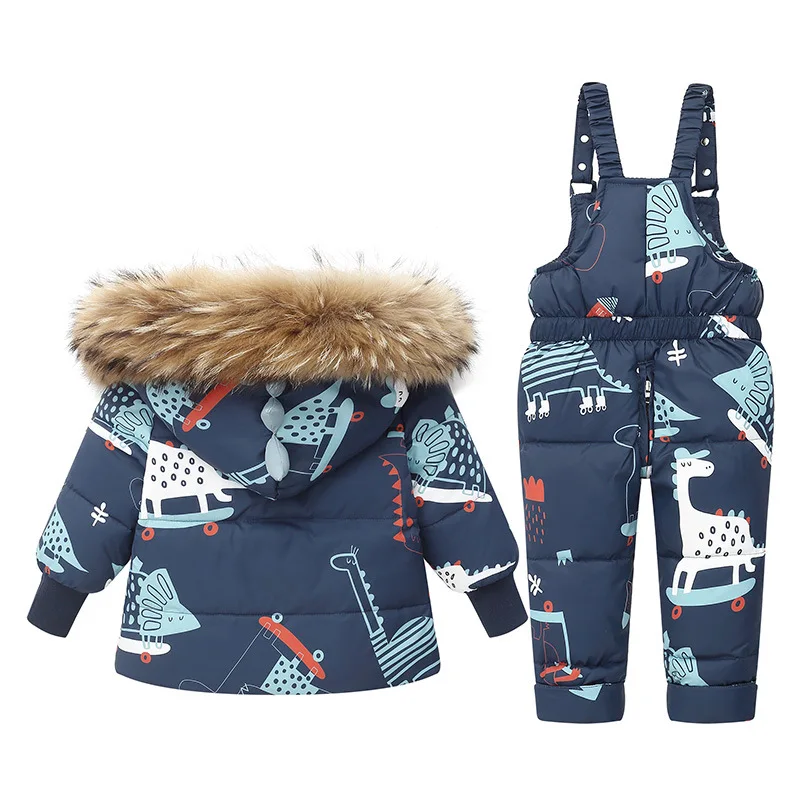 Cartoon Dinosaur Winter Children Clothes Set Real Fur Down Jacket For Girls Baby Boy Jumpsuit Kids Overalls Boys Outerwear Coat