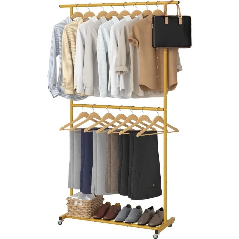 Double Rod Clothing Garment Rack, Rolling Coat Hanger with Bottom Mesh, Clothing Rack for Hanging Clothes