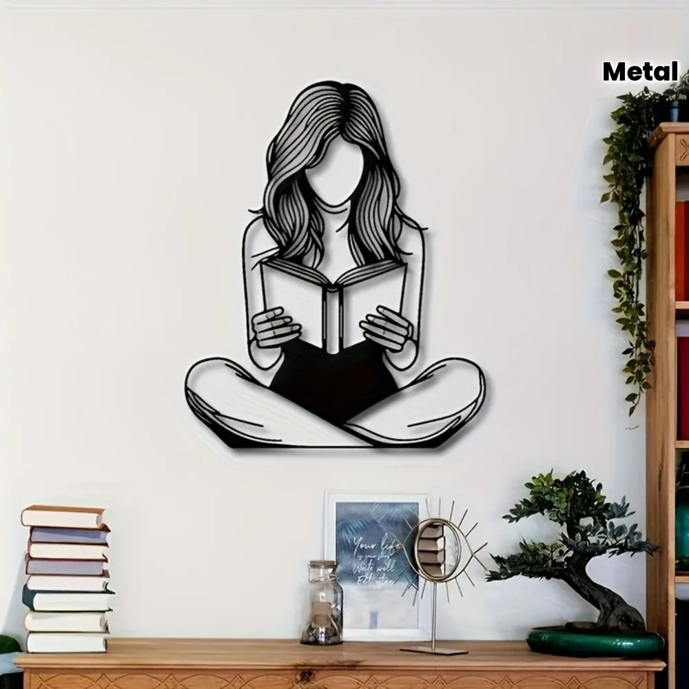 Female Reading Iron Metal Wall Art, Book Lover Wall Decor for Living Room Bedroom, Reader Gift