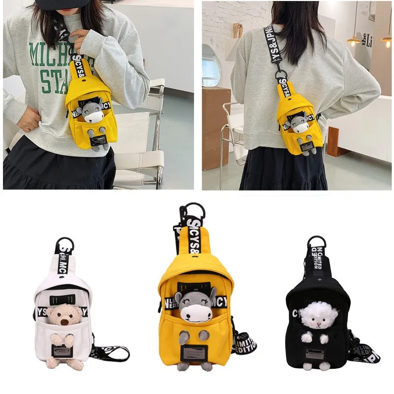 Sac à bandoulière en toile pour enfants, sac de poitrine décontracté, téléphone portable en peluche, dessin animé mignon, unique lancé, mode