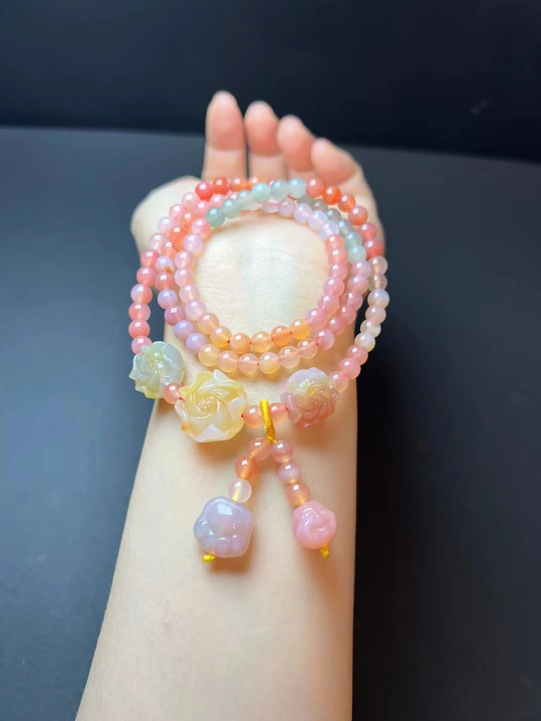 

6mm Beads Nature Gemstone Agate Amulet Bangle Handstring Carven Peony Hanging Ornament