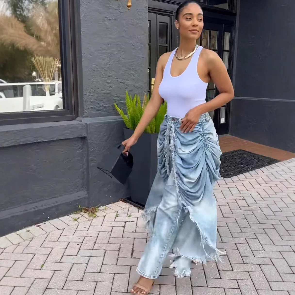 اليومية الأزرق جيب Ruched المتوترة تقليم عادية التباين الدينيم الجينز شارع العليا خمر عادية غير المتماثلة سراويل جينز للنساء #5