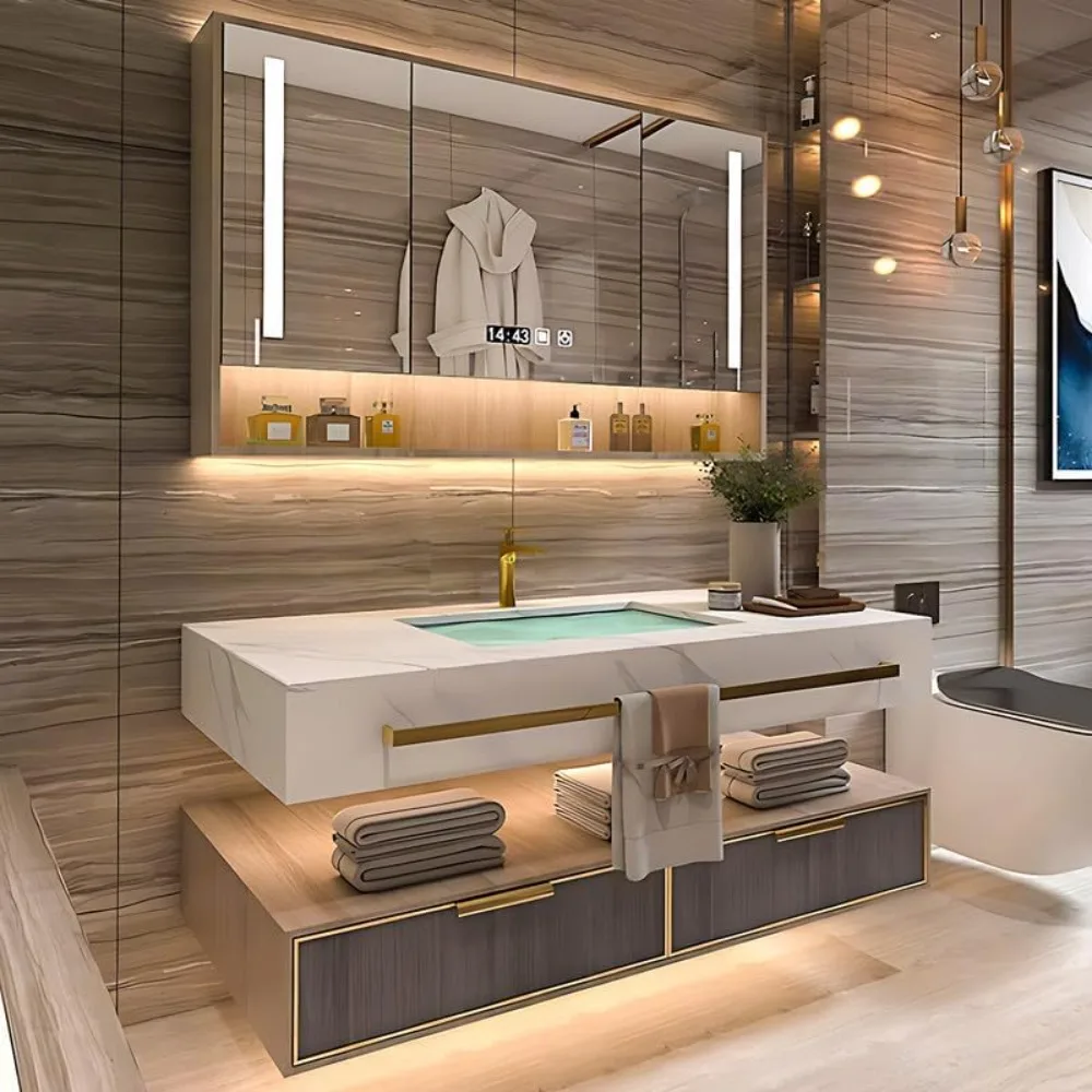 

Bathroom Vanity with Sink - Floating Bathroom Vanity Includes Modern Metal Luxury Style,Wall Mouted Cabinet with Towel Hanging