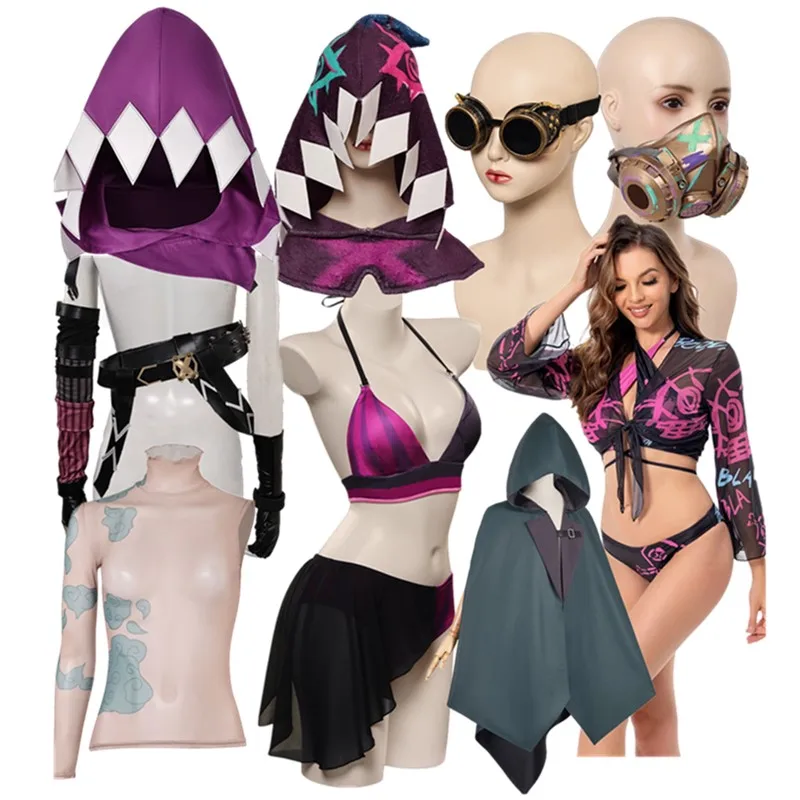 LoL Jinx Swimsuit Cosplay Costume Two-Piece Swimwear Summer Women Ladies Bikini Top Shorts Outfits Halloween Carnival Suit