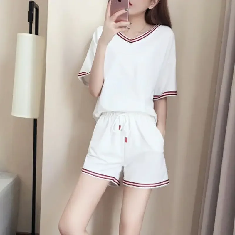 

Women's Casual Sports Suit 2025 Summer New Loose Short-sleeved V-neck T-shirt And Shorts Two Piece Sets Lady's Household Clothes