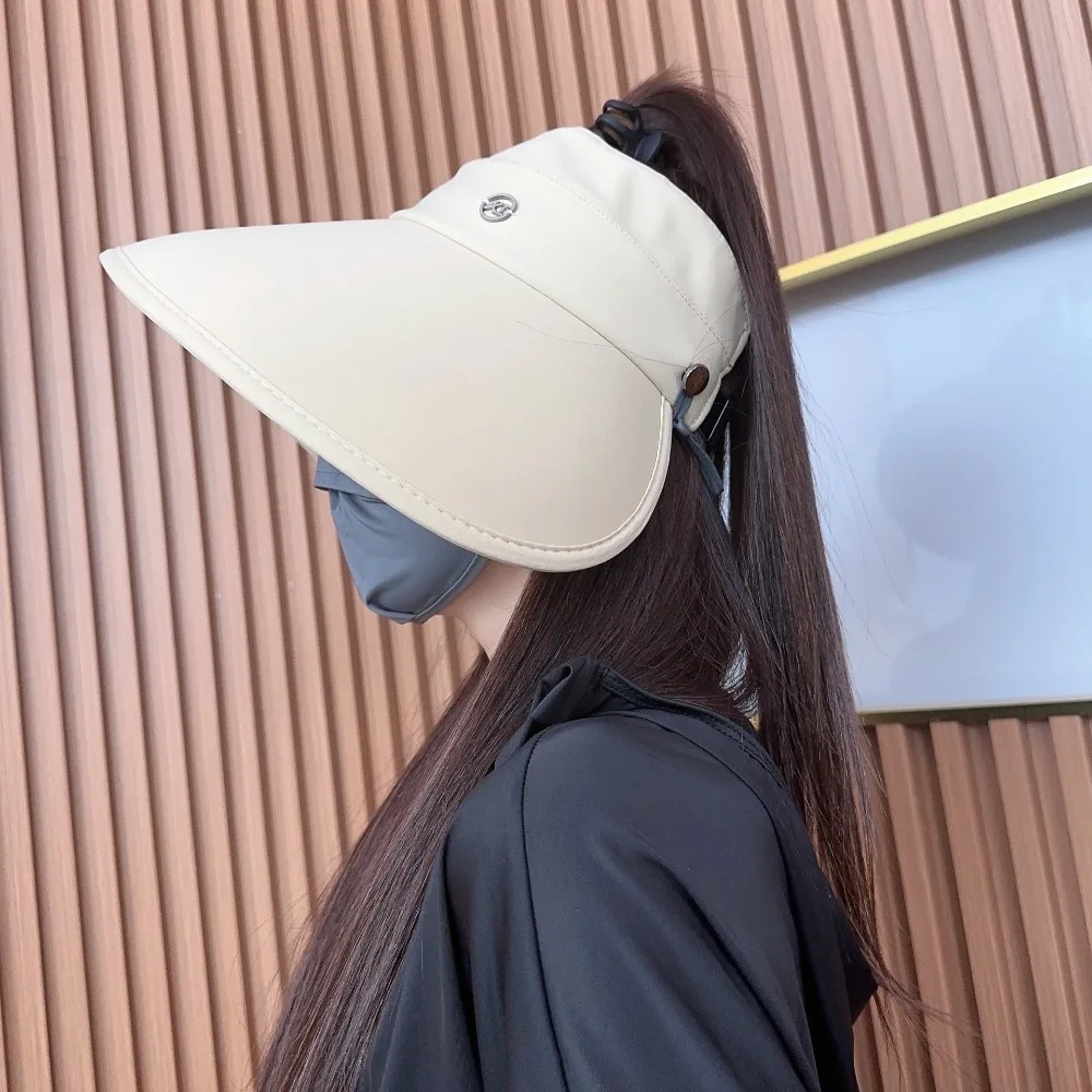 Summer Women Sun Hat Large Brim Empty Top Beach Fisherman Hats UV Protection Easy Storage Ponytail Cap for Outdoor Travel