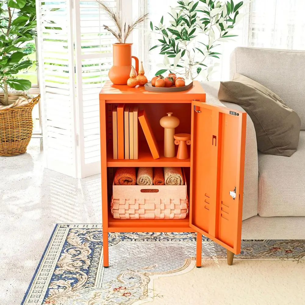 Single Door Lockable Metal End Table with Storage Cabinet, 2-Tier Children's Nightstand with Adjustable Shel, Easy Assembly Side view 4