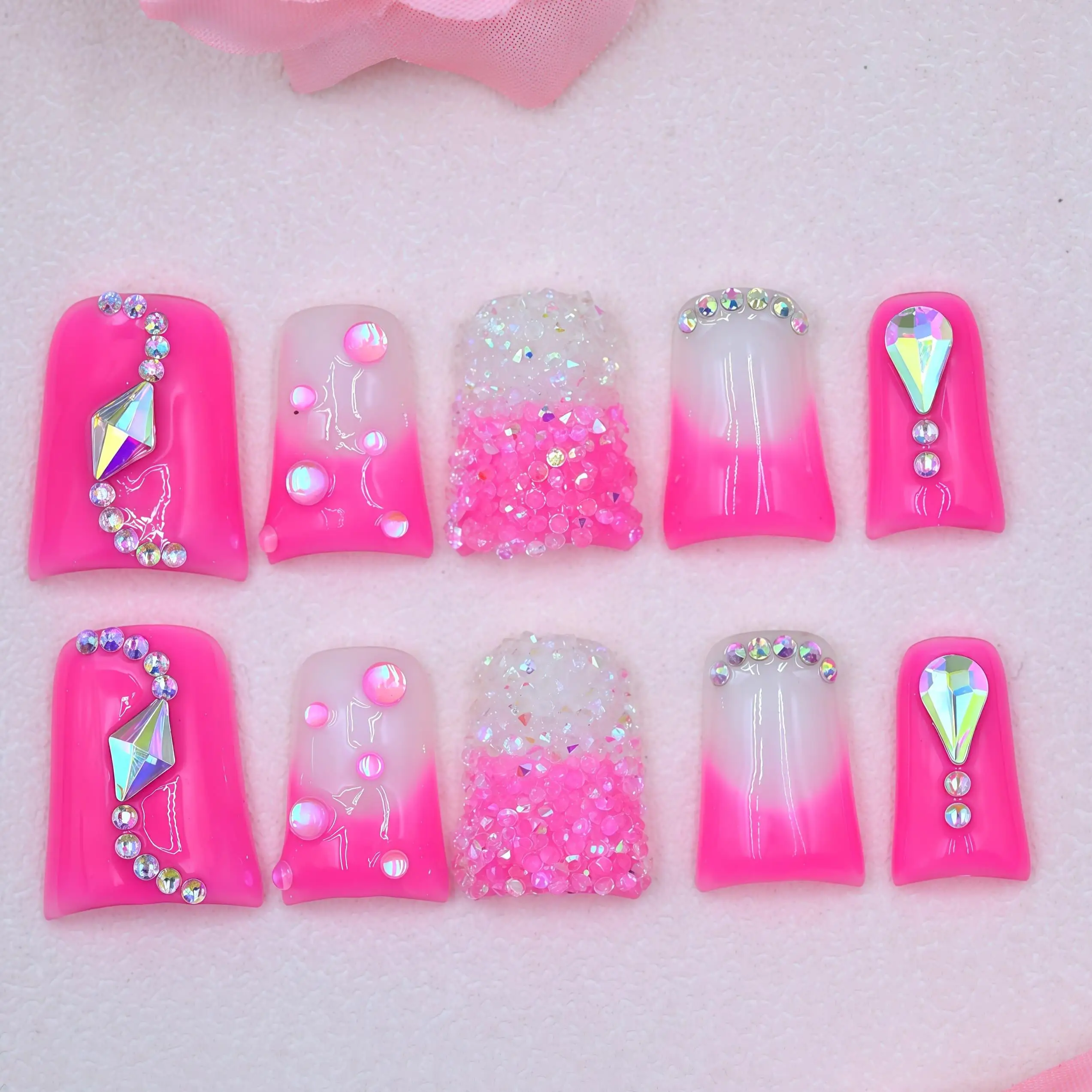 

Handmade Bright Pink Rhinestone Press On Nails 3D Gem Decor Sweet Edgy Eye-Catching Reusable Nails