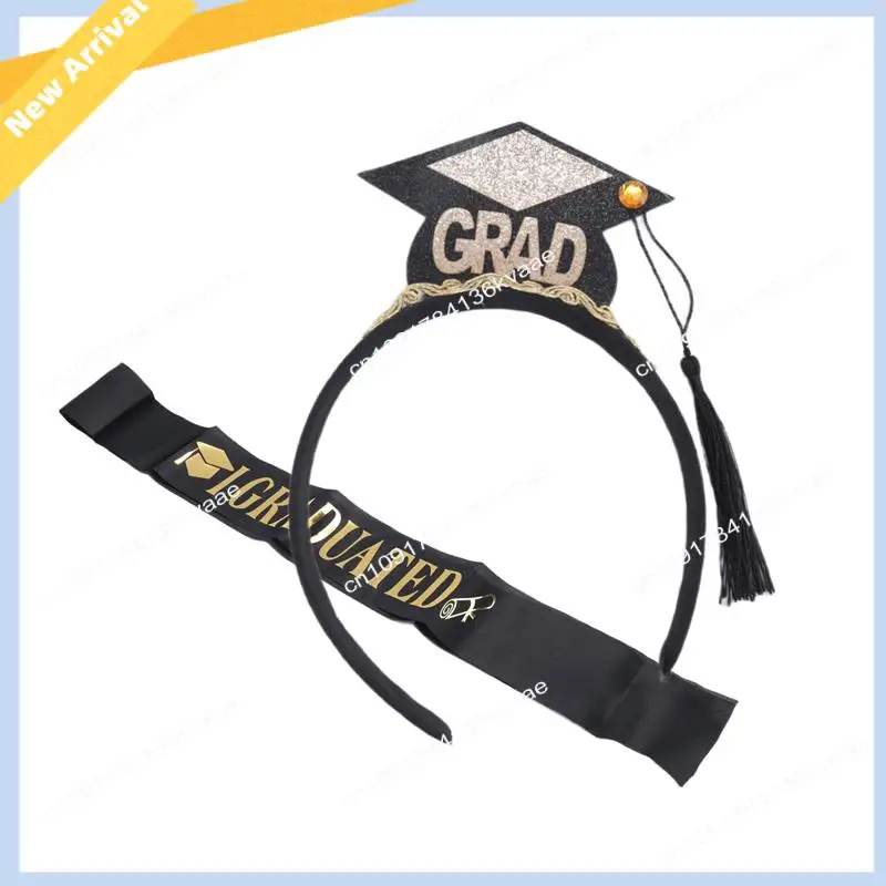 

M01K 1Set Grad Cap Headband Graduated Satin Sash 2024 Graduation Party Decoration Supplies Photo Props Mini Bachelor Hat