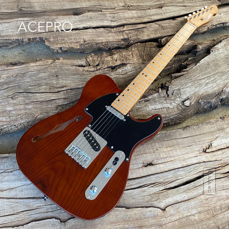 In Stock Acepro F-hole Electric Guitar Brown Color 20mm Solid ASH Body, Roasted Maple Neck, Stainless Steel Frets, Guitarra