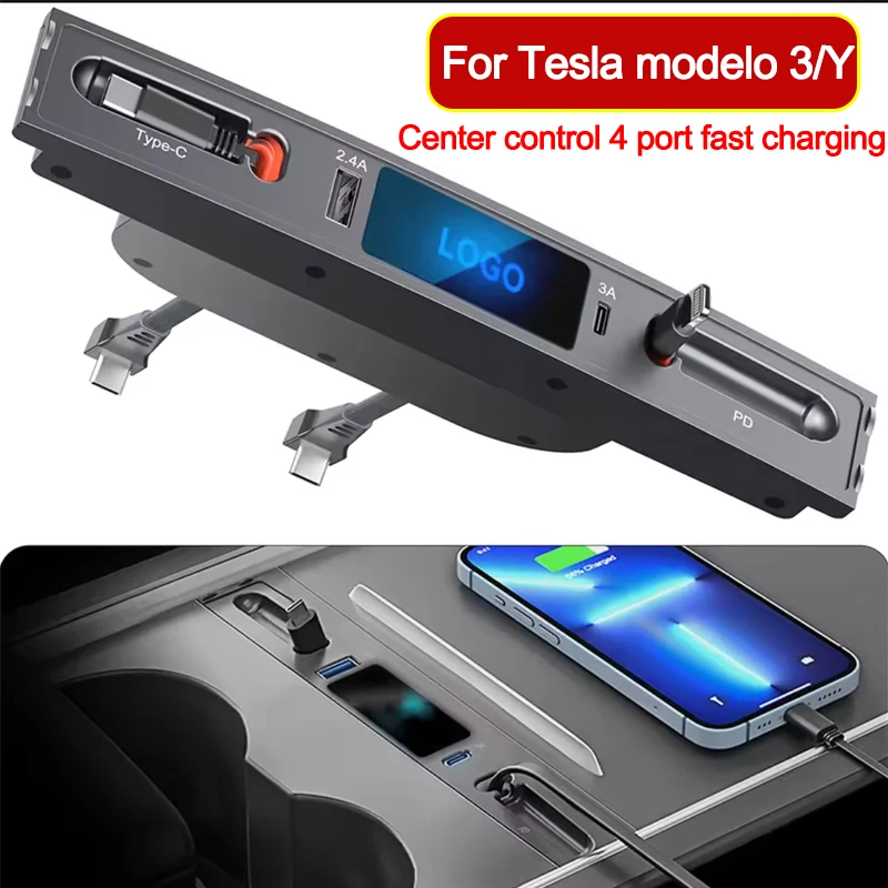 

For Tesla USB Hub for Model 3 /Y Fast Charger for Tesla Tesla Accessories Highland 4-Ports 2 retractable cable Docking Station