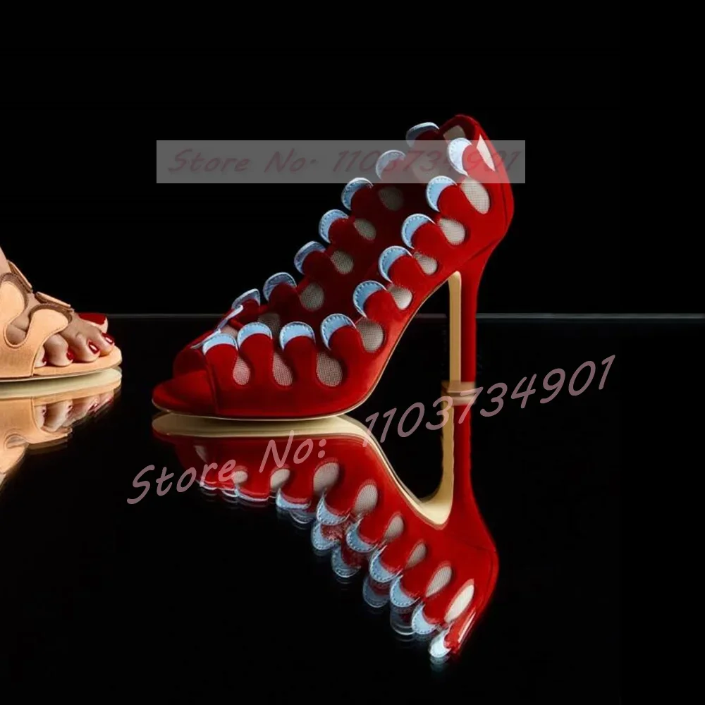 

Peep Toe Mesh Red Sandals Female Party Elegant Retro Round Toe Stiletto High Heels Shoes Flock Women Big Size Fashion Sandals
