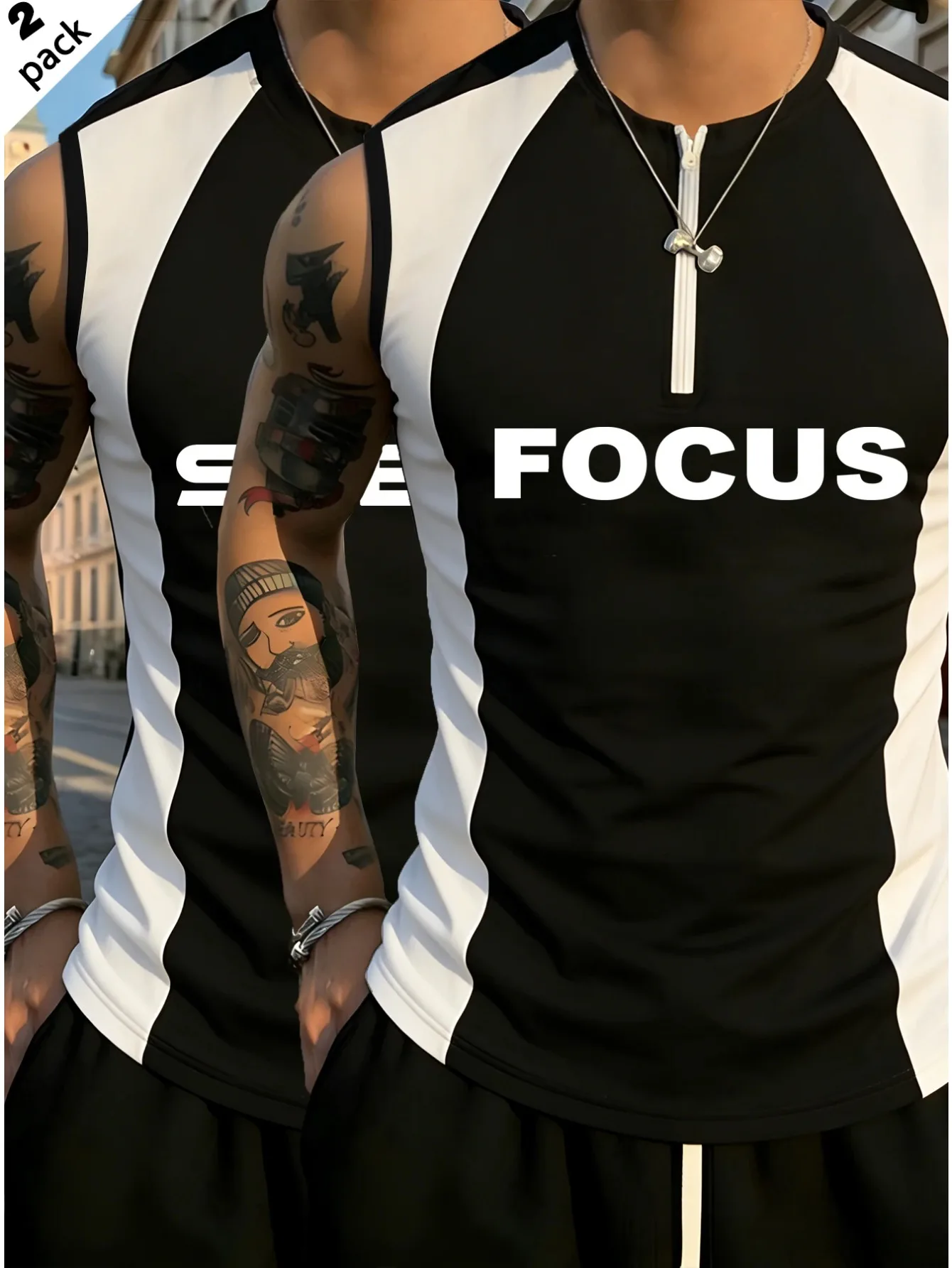 Men's 2 Pack Color Block Sleeveless Tank Tops, Half Zip Muscle Tee, Casual Streetwear Workout Tops For Summer