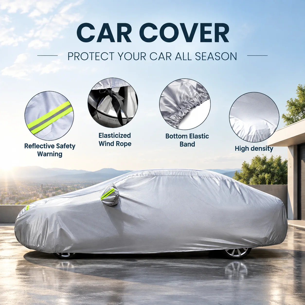 Universal 190T Silver Taffeta Vehicle Cover, UV Protection Windproof Dustproof Car Protective Shell, Fit Sedan SUV Hatchback