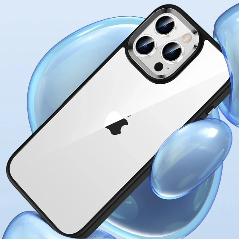 Luxury Transparent pc phone case for iphone 16 15 14 13 12 11 pro max 14 15 16 plus Metal buttons Desert Titanium Gold cover new