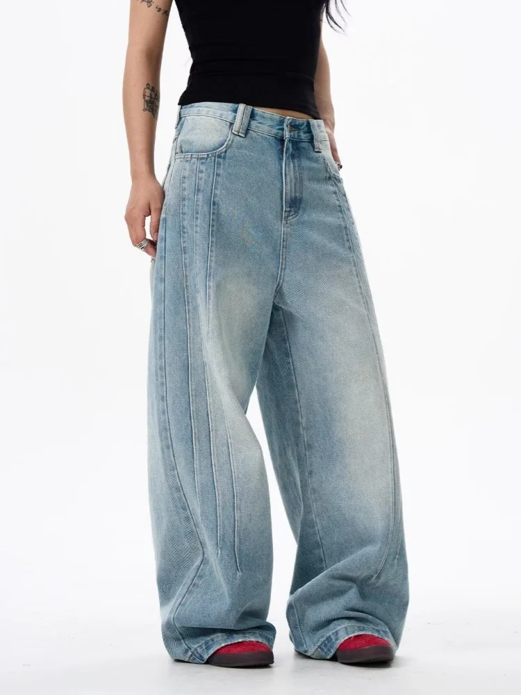 2025 Ropa Y2K New Fashion Striped Patchwork Washed Blue Baggy Women's Jeans Pants Woman Clothing Wide Leg Casual Denim Trousers