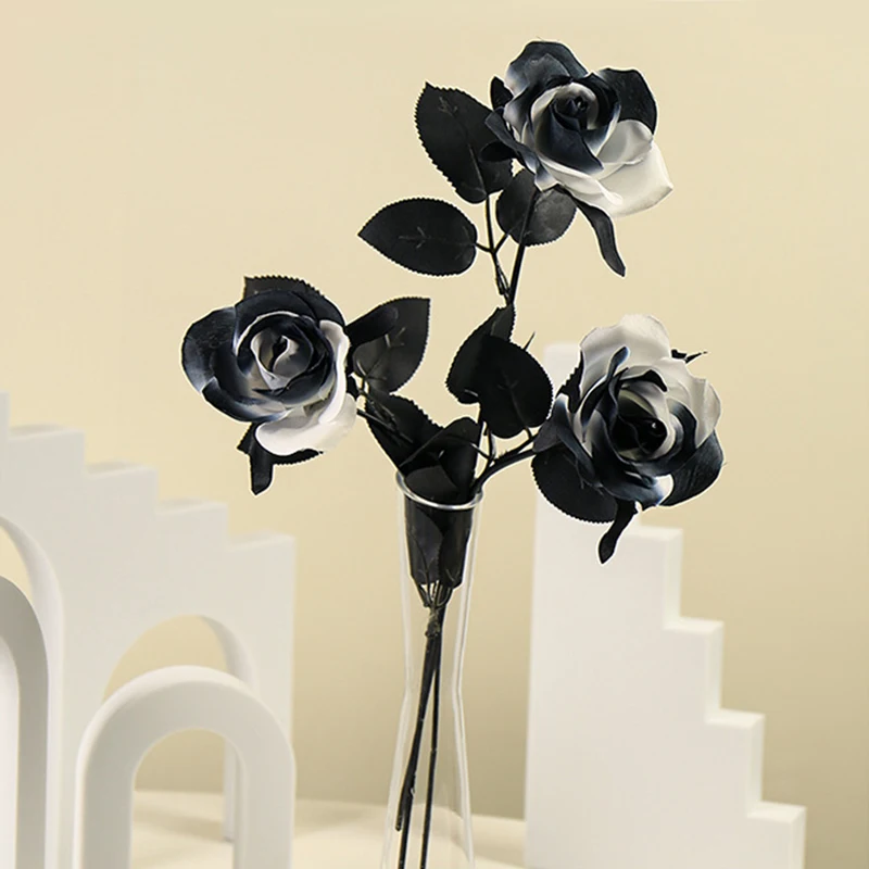 5/10PCS High Simulation Rose Black White Rose Artificial Silk Fake Flower Bouquet Plants Wedding Party Home Halloween Decor