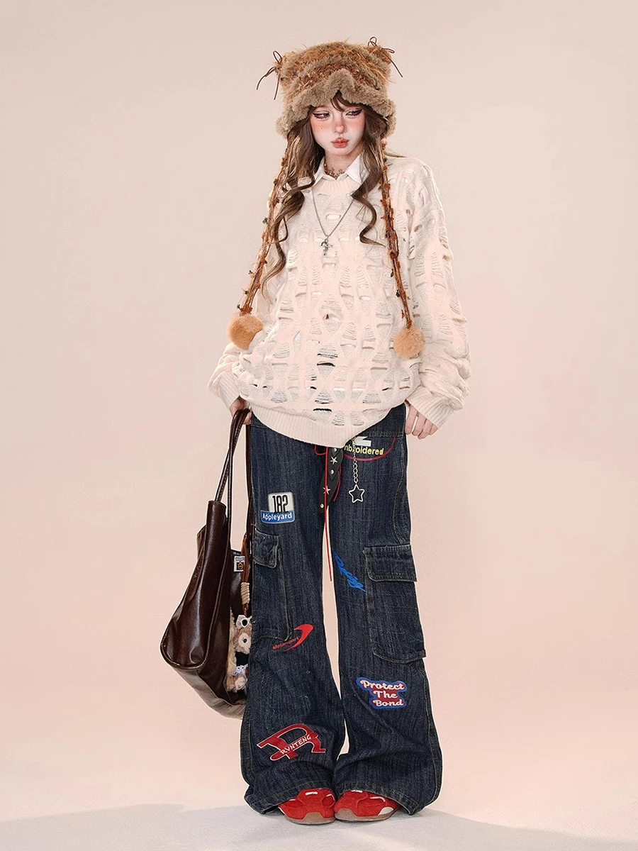 REDDACHiC Cowgirl Afdrukken Stempels Flare Jeans Blauw Verontruste Grafische Wijde Pijpen Zakken Cargo Broek Vintage Y2k Vrouwen Streetwear