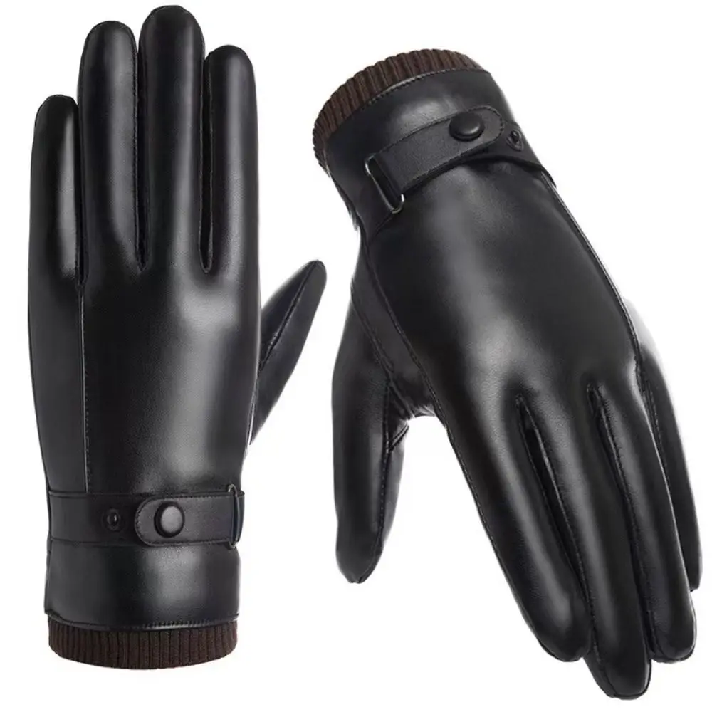 Windproof Men's PU Leather Gloves Keep Warm Touch Screen Male Cycling Gloves Thick Velvet Soft Motorcycle Full Finger Mittens