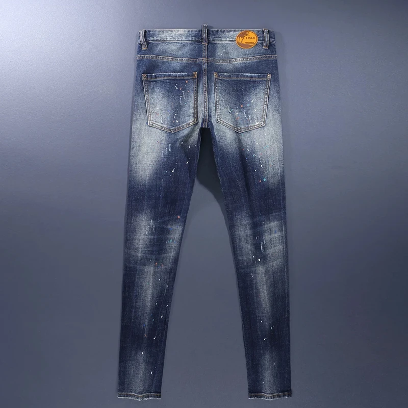 

Street Designer Fashion Men Jeans Retro Blue Stretch Slim Fit Hole Patched Ripped Jeans Men Brand Vintage Denim Pants Hombre