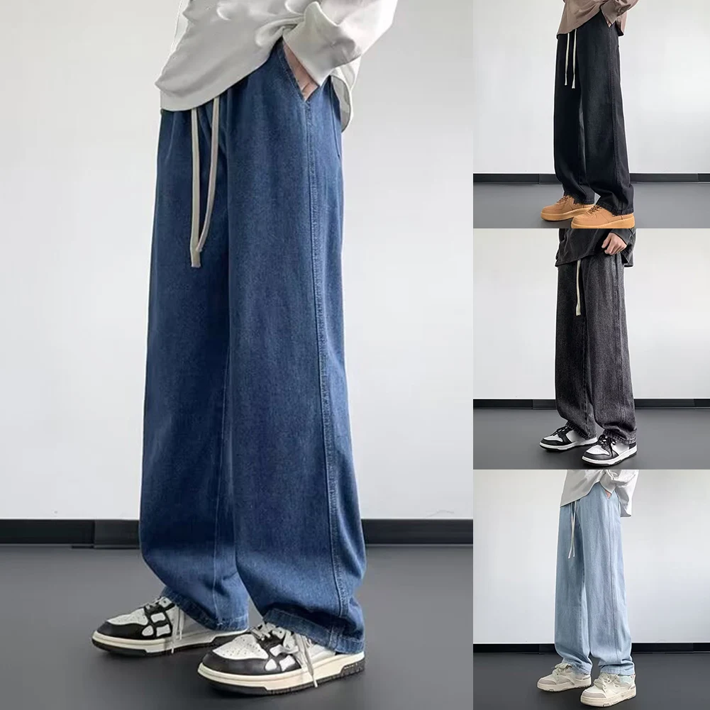 

Men Vintage Drawstring Korean Style Straight Trousers Loose All Match Casual Wide Leg Jeans Cargo Pants