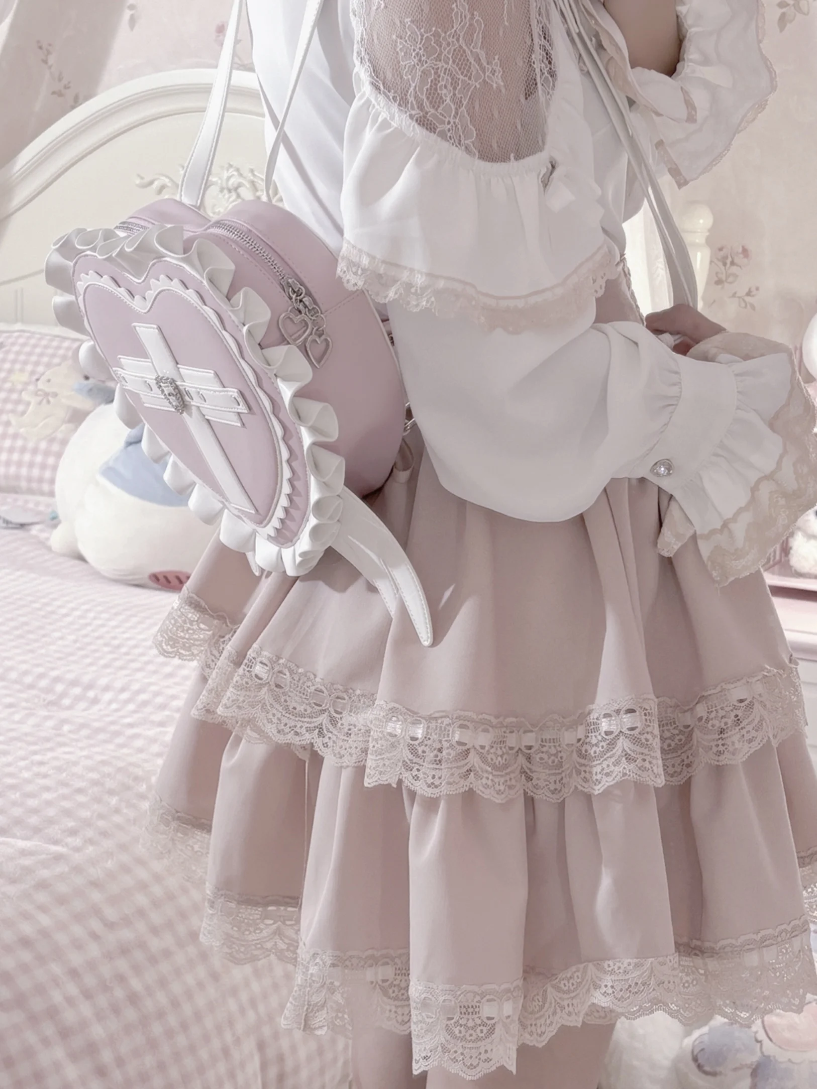 

Oxygen La Outer Space Prayer Feather Patchwork Color Cross Heart Wings Double oulder Bag ex Lolita Bag Doll Circle