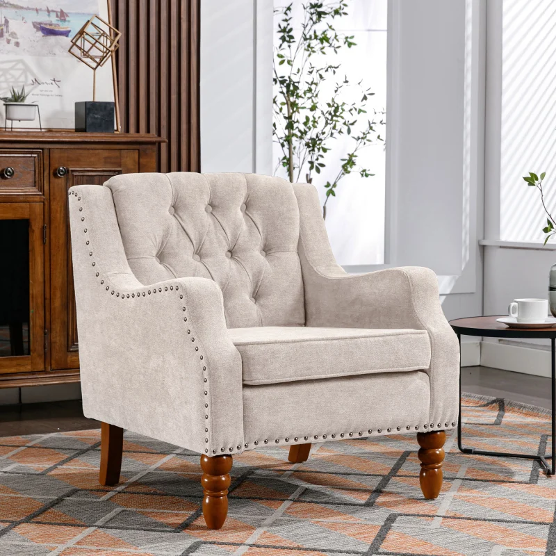 Vintage Brass Studs Button Tufted Upholstered Armchair Living Room Comfy Reading Chair
