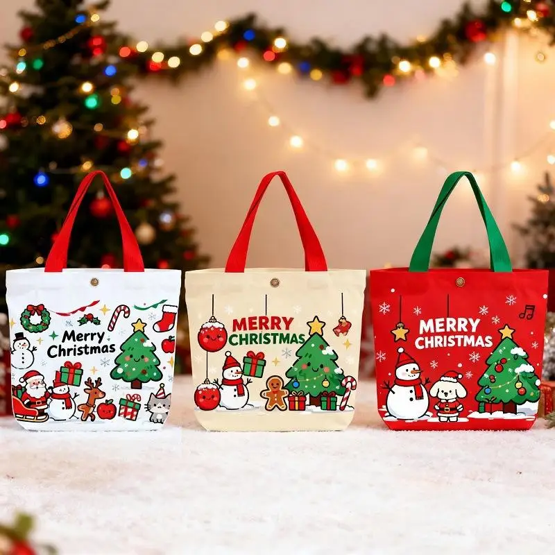 Christmas Canvas Shopping Tote Bags Santa Snowman Pattern Reusable Large Capacity for Xmas Gift Wrapping