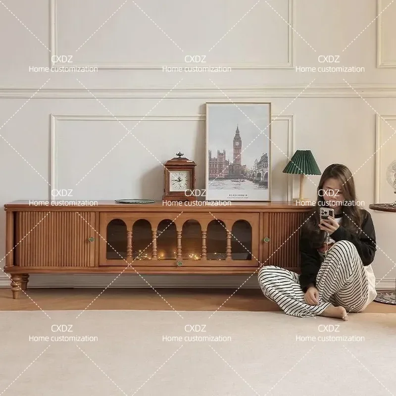 French retro solid wood TV cabinet American living room small apartment floor storage audio-visual locker antique combination