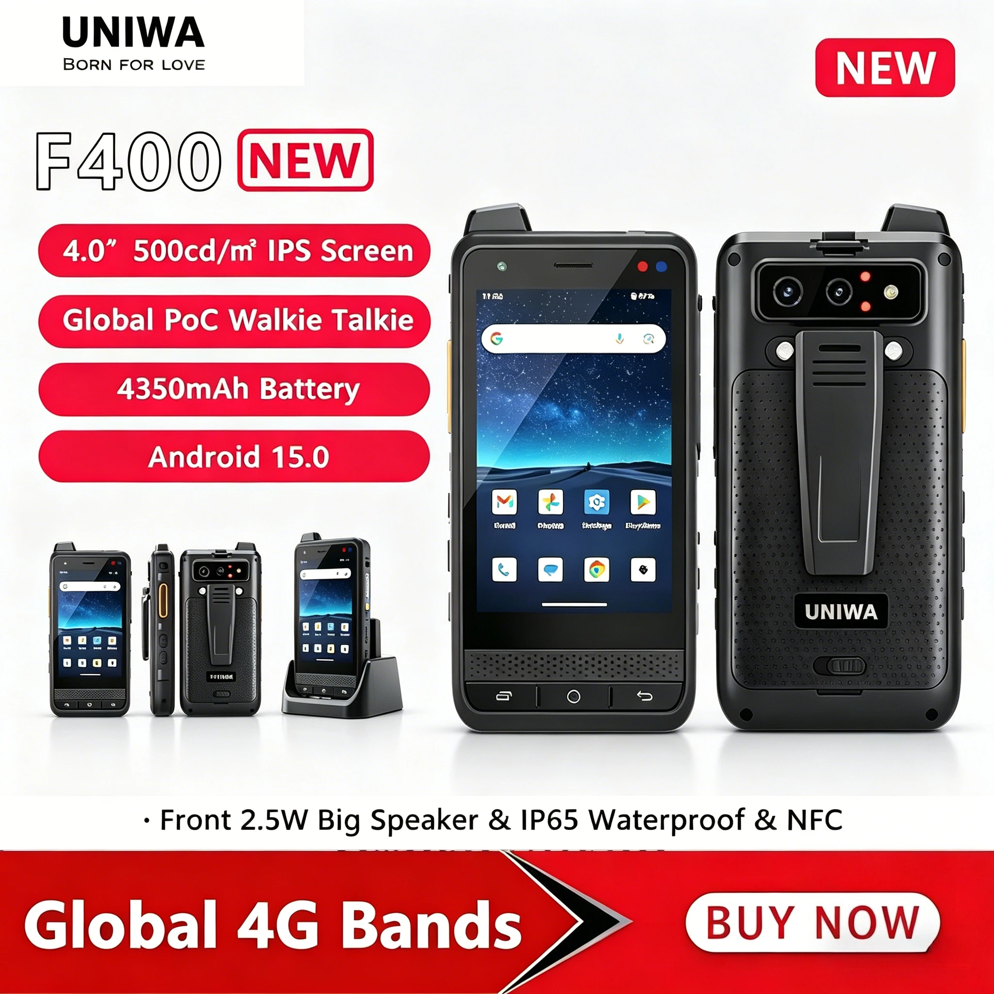 UNIWA F400 4G POC Walkie Talkie Smartphone 4 inch Android 15 4GB+64GB 4350mAh IP65 NFC SOS Dual Camera Handheld Communicator