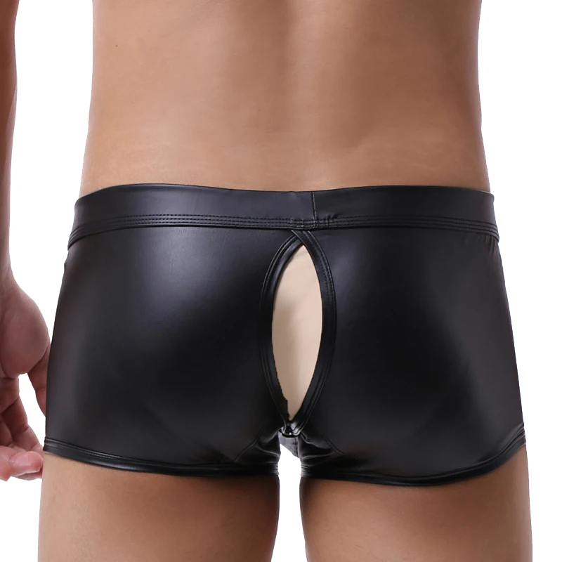 PU Leather Men\'s Boxer Shorts Sexy Big Penis Pouch Gay Underwear Low Waist Buttons Back Open Erotic Boxers Hollow Out Underpants