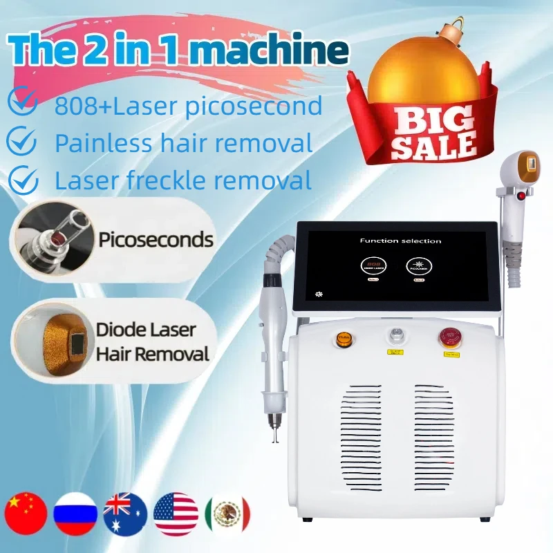 Diode Laser and Picosecond Laser 2 in 1 808 Diode Laser Hair Removal Tattoo Removal Machine with 3 Wavelength 755nm 808nm 1064nm