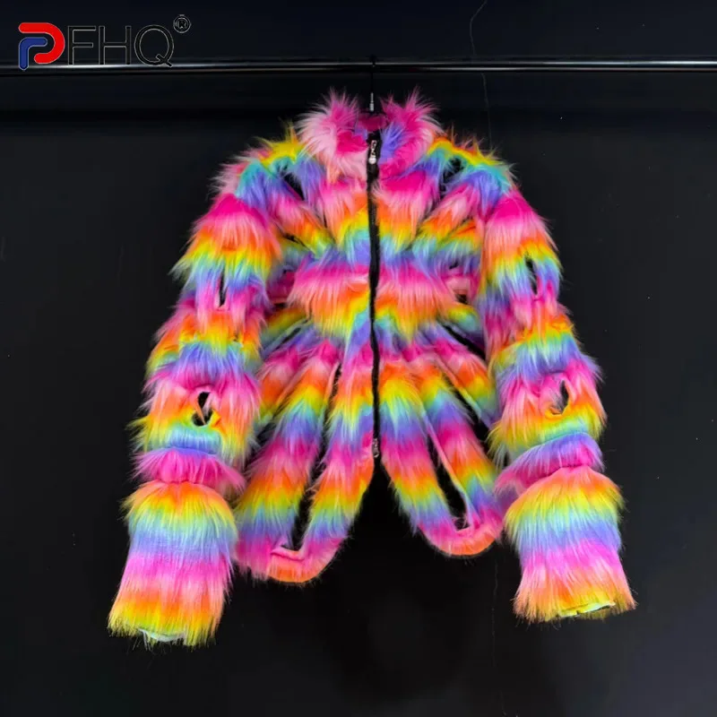 PFHQ High Street Male Faux Fur Jacket Rainbow Colorful Decoration Hollow Out Long Sleeve Fashion Zipper Warm Men Coats 21P1670