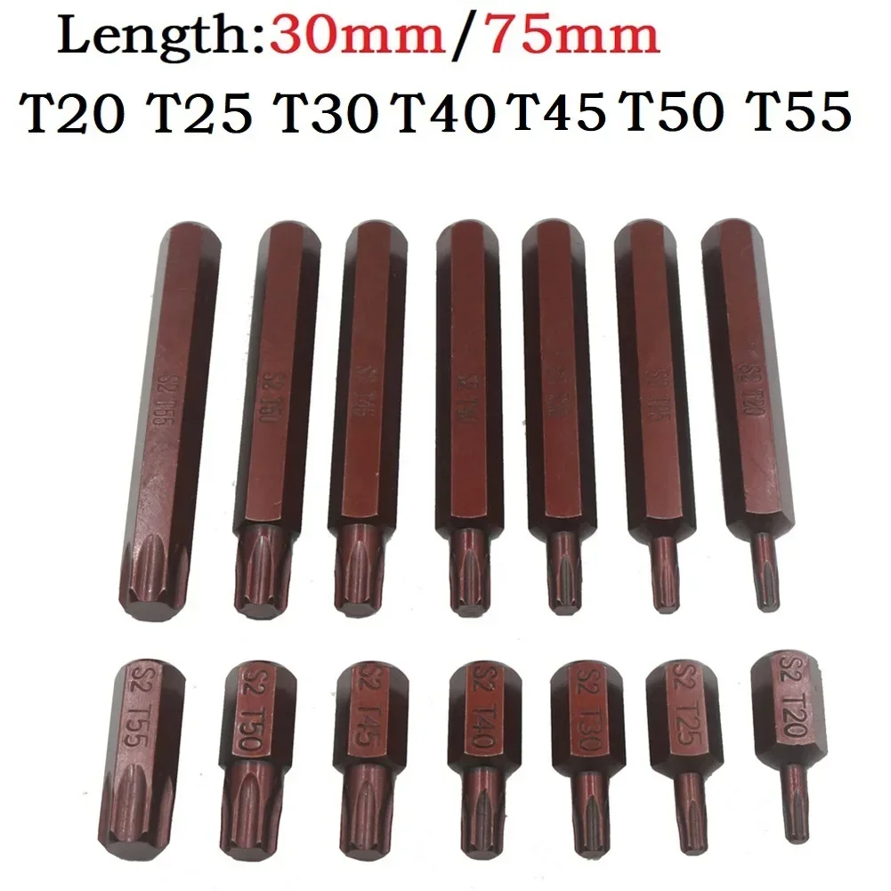 1pc 30/75MM Torx Screwdriver Bits Electric Wrench Socket Bit Magnetic Hex Shank Screwdrive Hand Tool T20/T25/T30/T40/T45/T50/T55