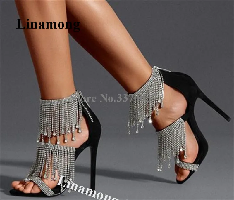 

Rhinestones Tassels Chains Gladiator Sandals Linamong Charming Silver Crystal Fringes Stiletto Heel Sandals Wedding Heels