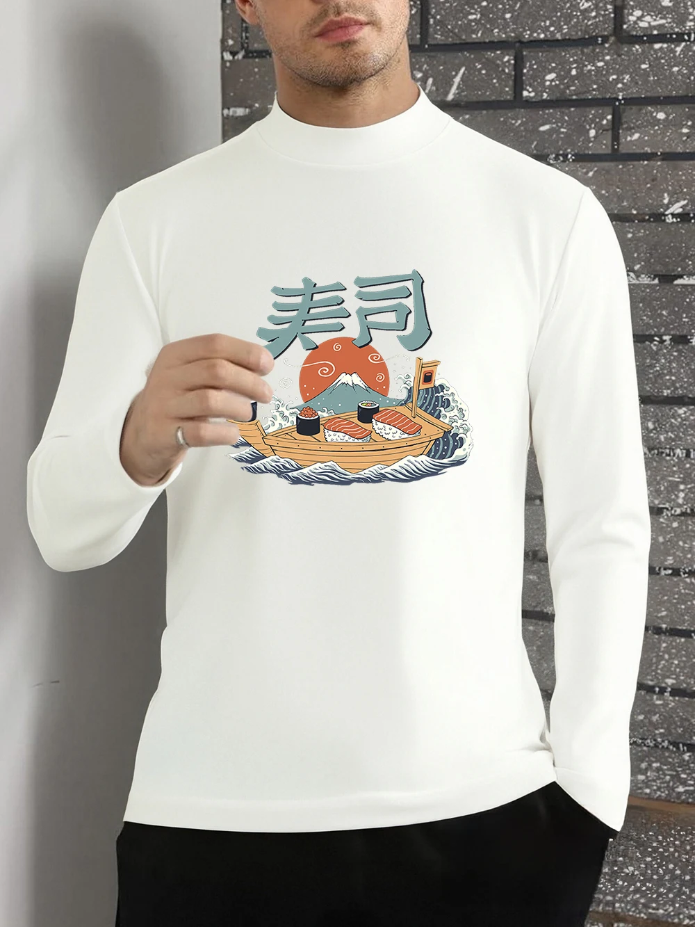 اليابان Harajuku موجات يطبع تي شيرت الرجال الشتاء طويلة الأكمام قاع قميص سليم صالح الدافئة نصف الياقة المدورة القمم الملابس الأساسية