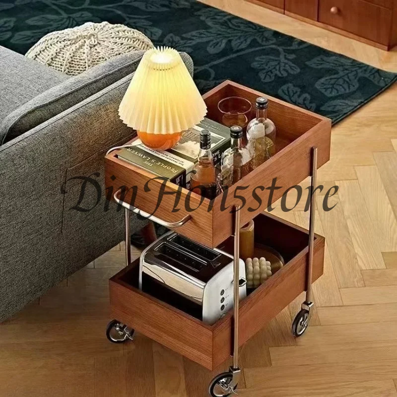 Mid-Century Stainless Steel Rolling Cart Mobile 2-Tier Serving Tray for Sofa Kitchen Utility Cart Portable End Table with Wheels