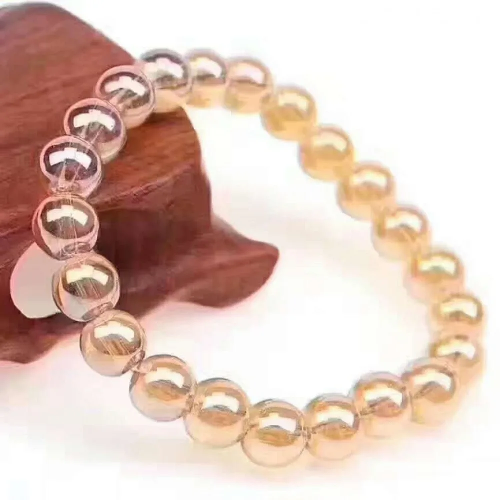 Champagne Round Glass Bead Bracelet, 8mm Anti-Scratch Glass Prayer Bead Bangle for Men Women, 2 Pieces