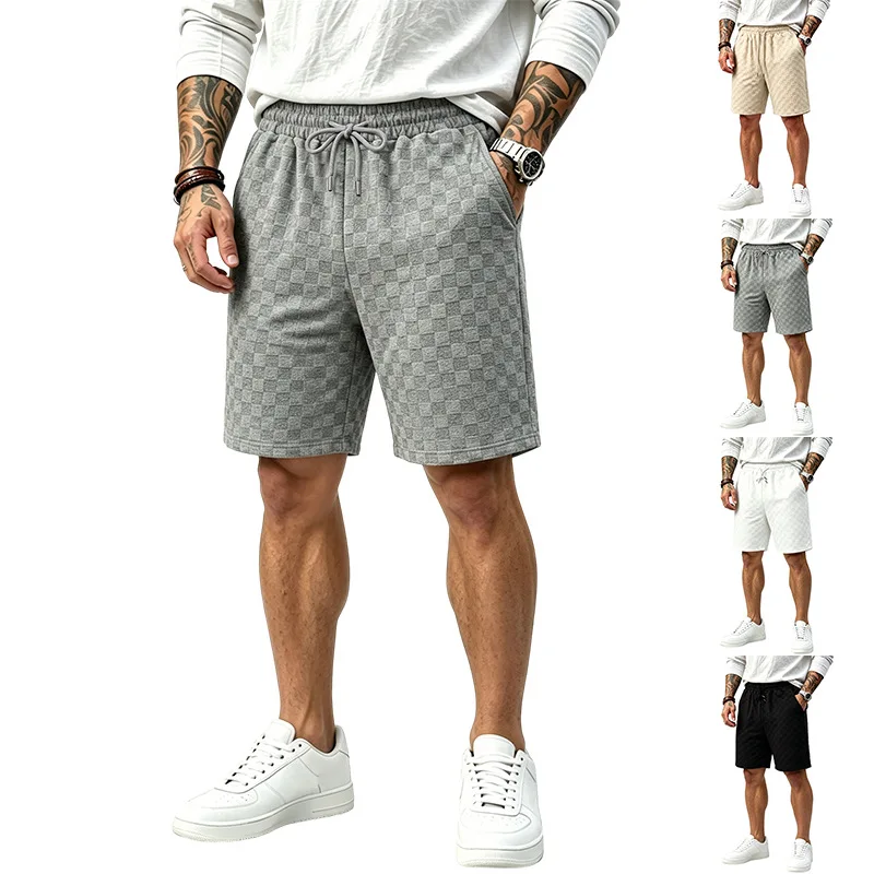 

Europe, America, summer simple men's loose sports fitness casual heavy jacquard checkerboard five-point shorts men