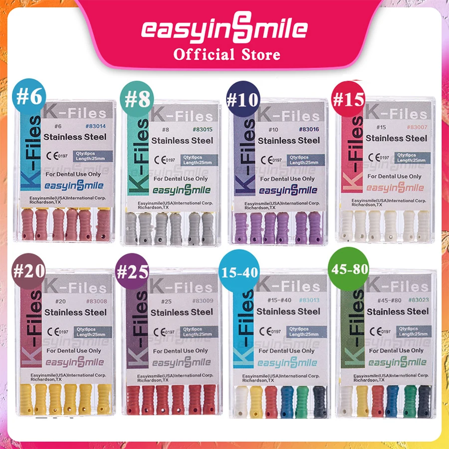 

10Packs EASYINSMILE Endo K Files #6 #8 #10 #15 #20 #25 #15-40 Dental Hand Use K Files Stainless Steel Root Canal Durable 25MM