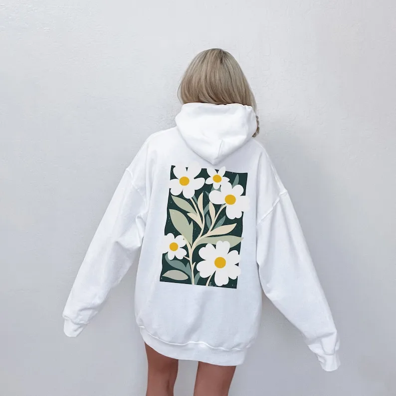 Daisy Flower Hoodie, Matisse Flower Sweatshirt, White Flowers Hoodie, Floral Hoodie, Wildflowers Sweater, Gift Flower Lovers, Bo